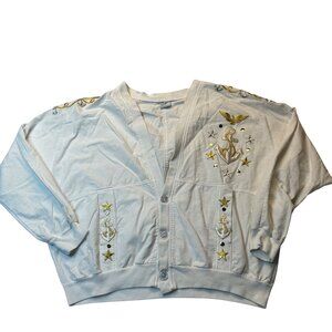 Vintage Quitman USA Nautical-Themed White Cotton Cardigan With Anchor & Star Emb